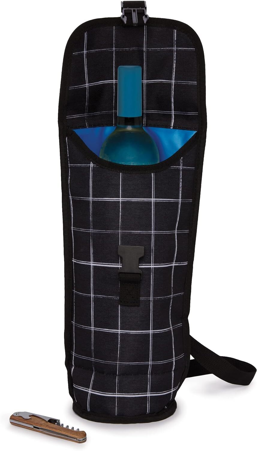 PACKIT Freezable Napa Wine Bag Cooler Carrier Insulated Portable Wine Chiller - Black Grid