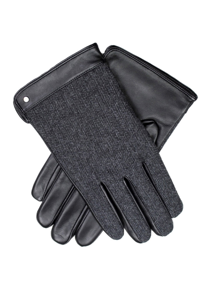 Dents Leather Wool Gloves Fleece Lined Warm Mens Winter Herringbone - Black