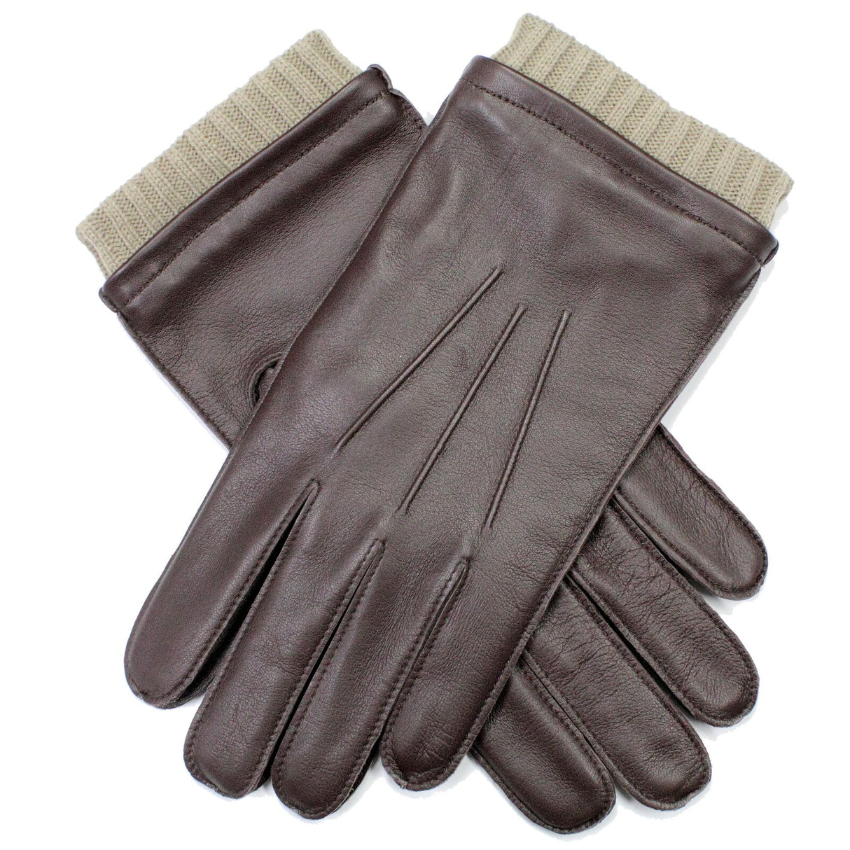 Dents Mens Leather Gloves With 3 Point Stitch and Rib Contrast Cuff - Brown