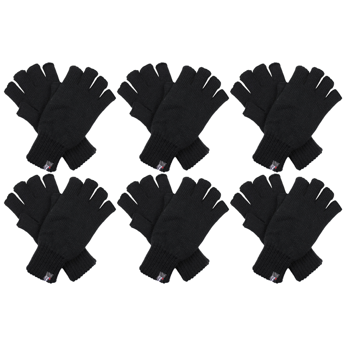 6x Dents 3M Thinsulate Black Fingerless Gloves Bulk Pack - Knitted Insulation Polar Fleece