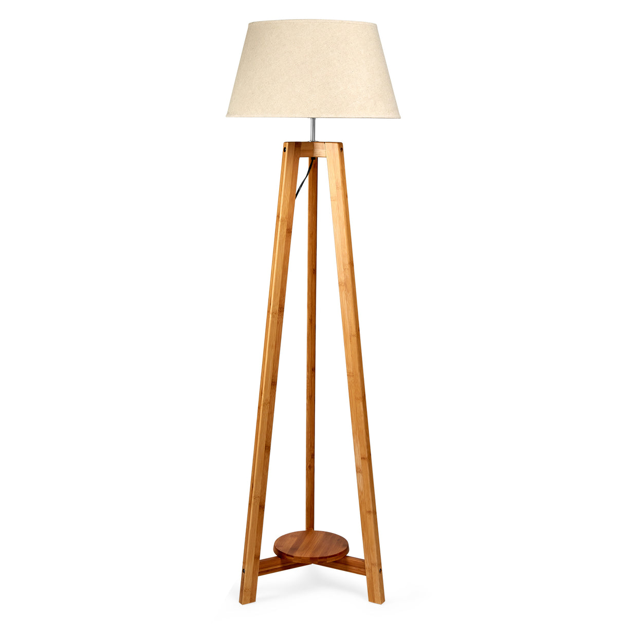 155cm Bamboo Wooden Tripod Floor Lamp with Beige Linen Light Shade
