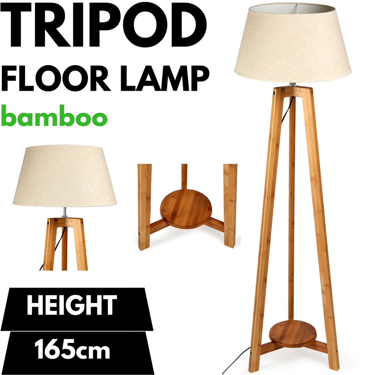 155cm Bamboo Wooden Tripod Floor Lamp with Beige Linen Light Shade