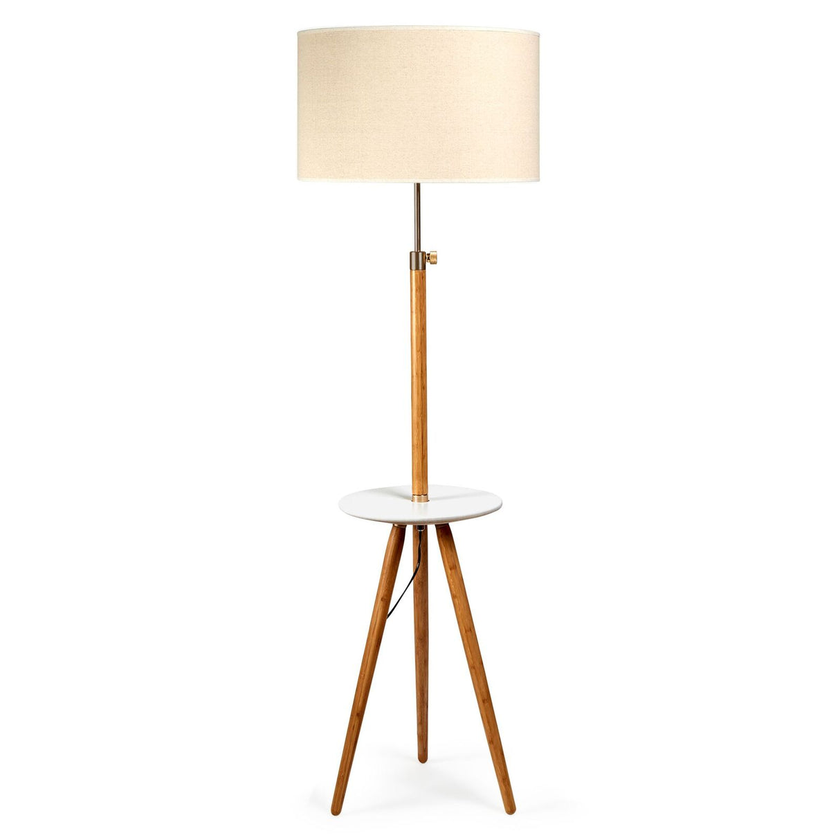 165cm Adjustable Bamboo Tripod Floor Lamp with Linen Shade & Built-In Table