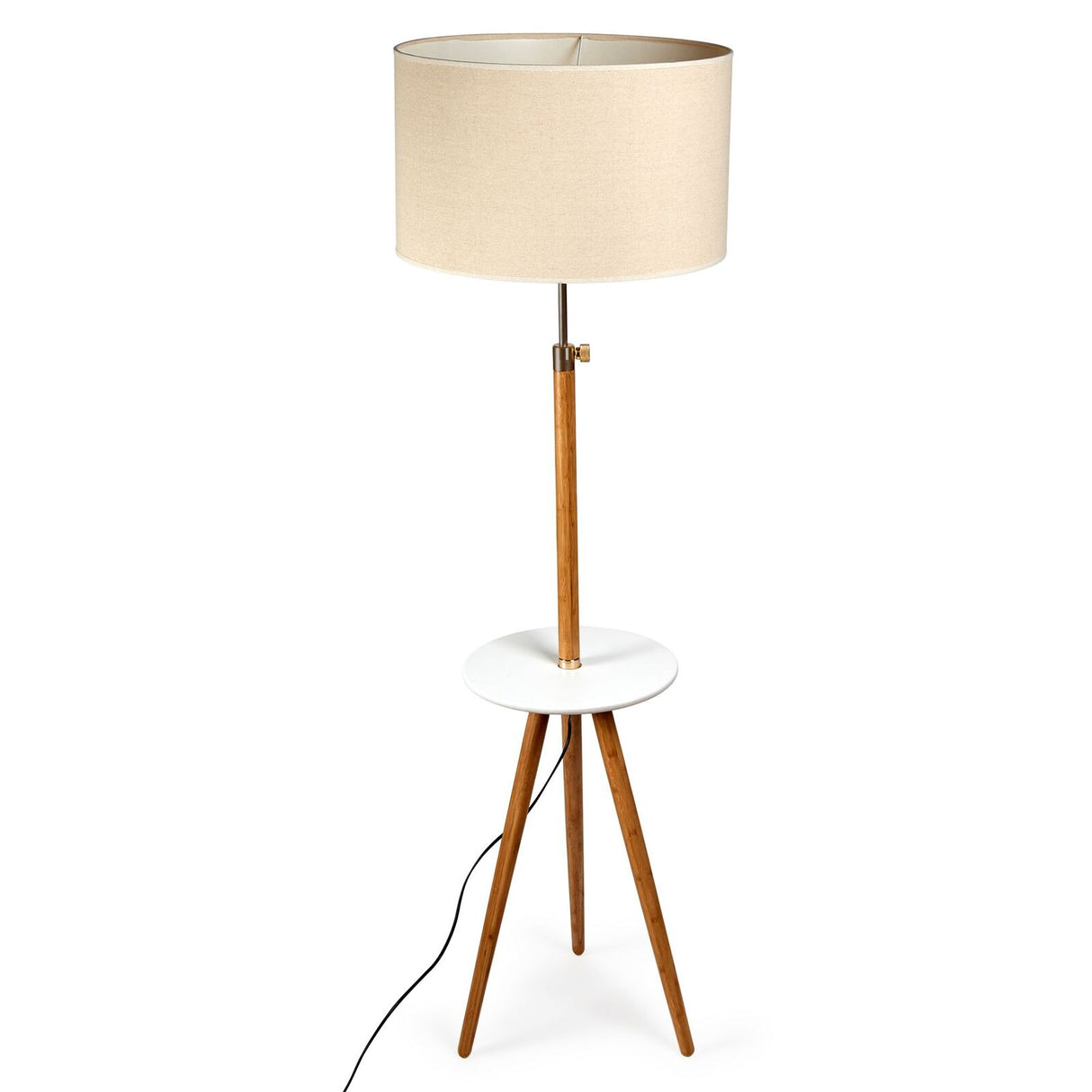 165cm Adjustable Bamboo Tripod Floor Lamp with Linen Shade & Built-In Table