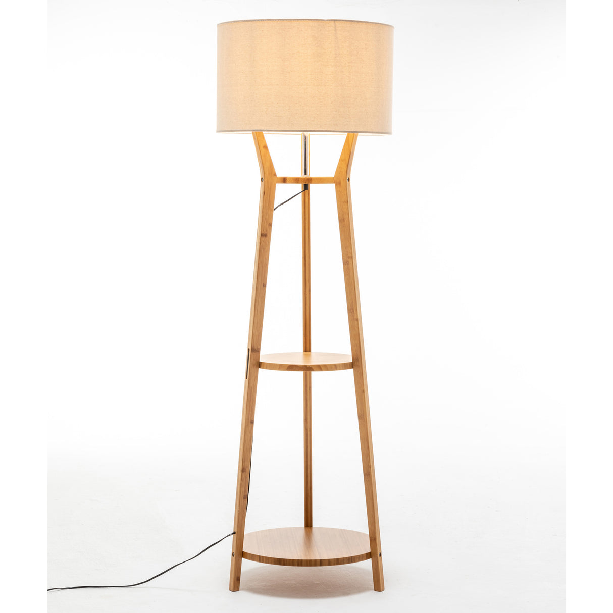168cm Large Bamboo Wooden Tripod Floor Lamp with Modern Linen Shade & Shelves