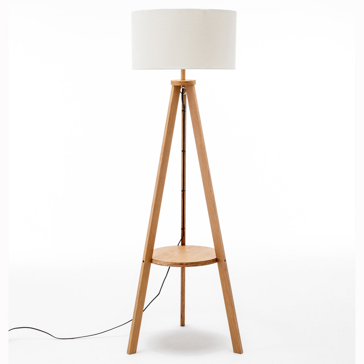 145cm Wooden Tripod Floor Lamp with Round Shelf & White Linen Shade - Natural