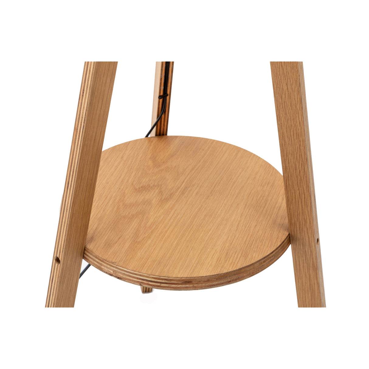 145cm Wooden Tripod Floor Lamp with Round Shelf & White Linen Shade - Natural