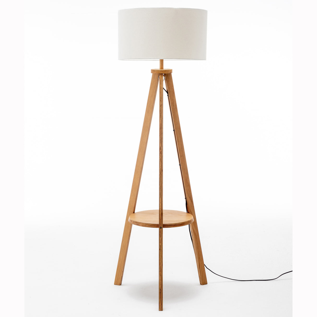 145cm Wooden Tripod Floor Lamp with Round Shelf & White Linen Shade - Natural