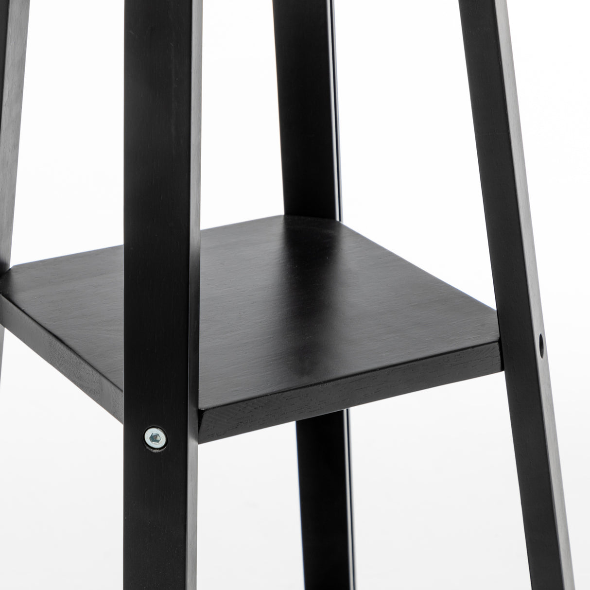 Eiffel 3 Tier Natural Wood Black Floor Lamp w/ Storage Shelves + Off White Linen Shade