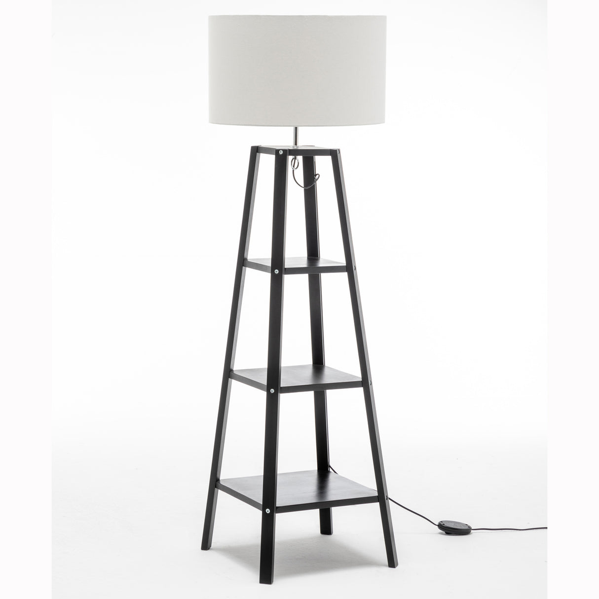 Eiffel 3 Tier Natural Wood Black Floor Lamp w/ Storage Shelves + Off White Linen Shade