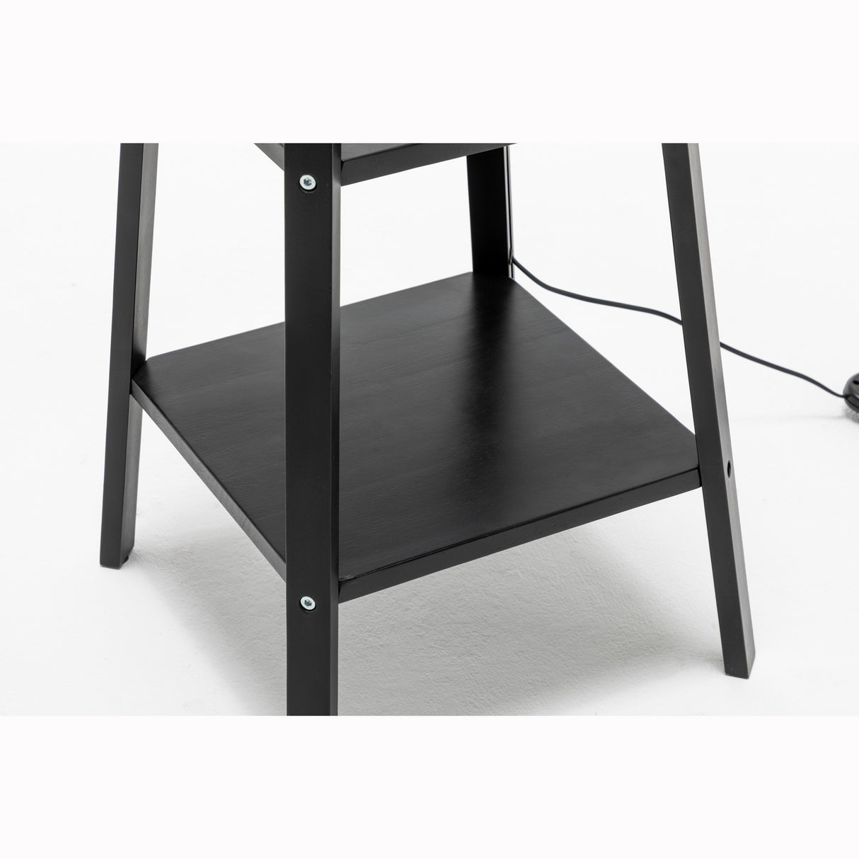 Eiffel 3 Tier Natural Wood Black Floor Lamp w/ Storage Shelves + Off White Linen Shade