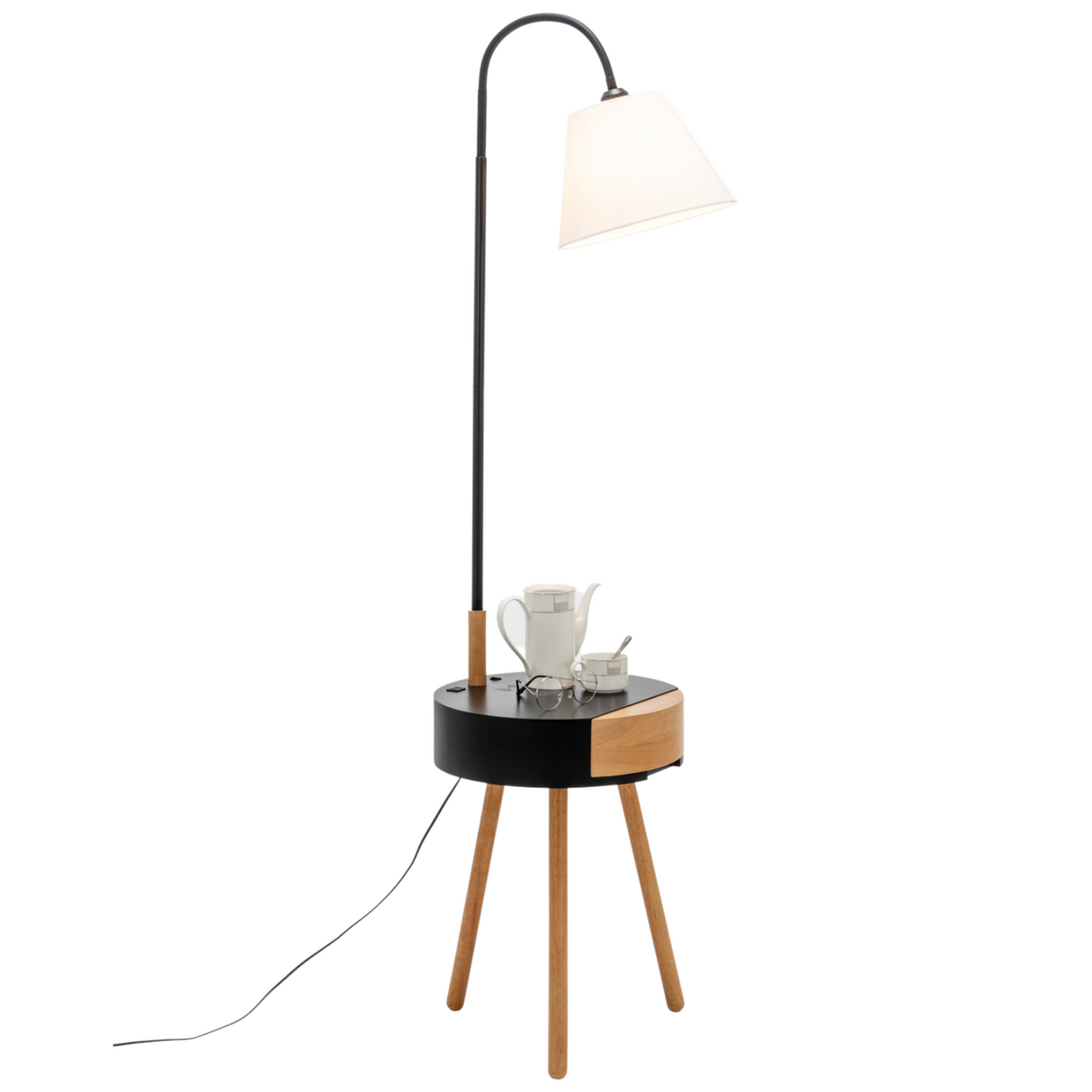 170cm Florence Wooden Tripod Lamp & Shelf/Table Storage w/ USB Charger - Natural/Black