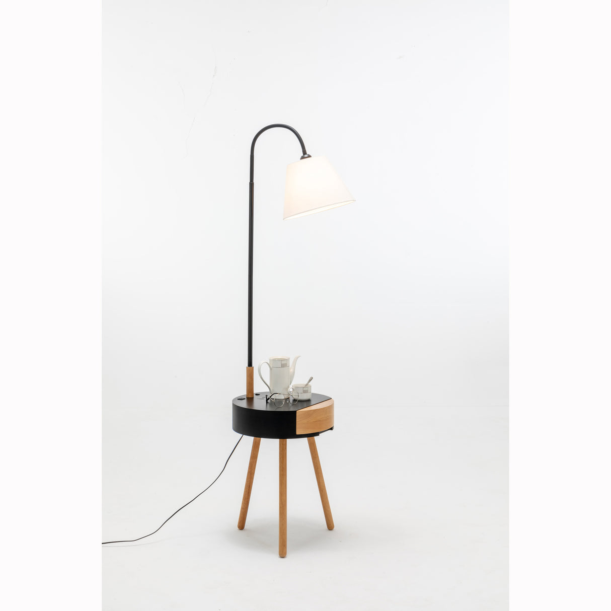 170cm Florence Wooden Tripod Lamp & Shelf/Table Storage w/ USB Charger - Natural/Black