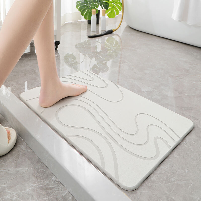 Hard Diatomite Bath Mat Super Dry Anti-Slip - Off White & Squiggle Design