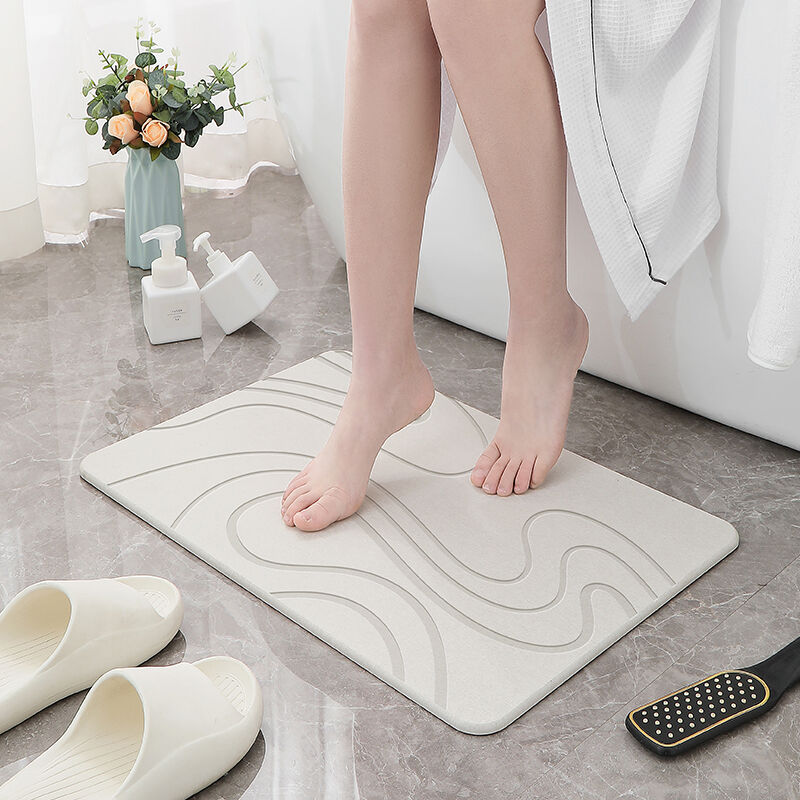 Hard Diatomite Bath Mat Super Dry Anti-Slip - Off White & Squiggle Design