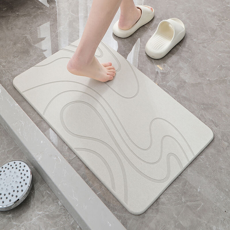 Hard Diatomite Bath Mat Super Dry Anti-Slip - Off White & Squiggle Design