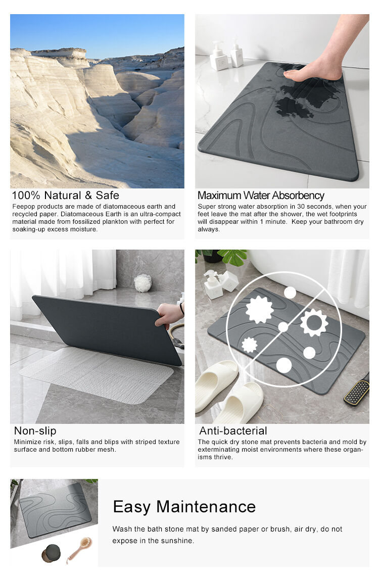 Hard Diatomite Bath Mat Super Dry Anti-Slip - Dark Grey & Squiggle Design