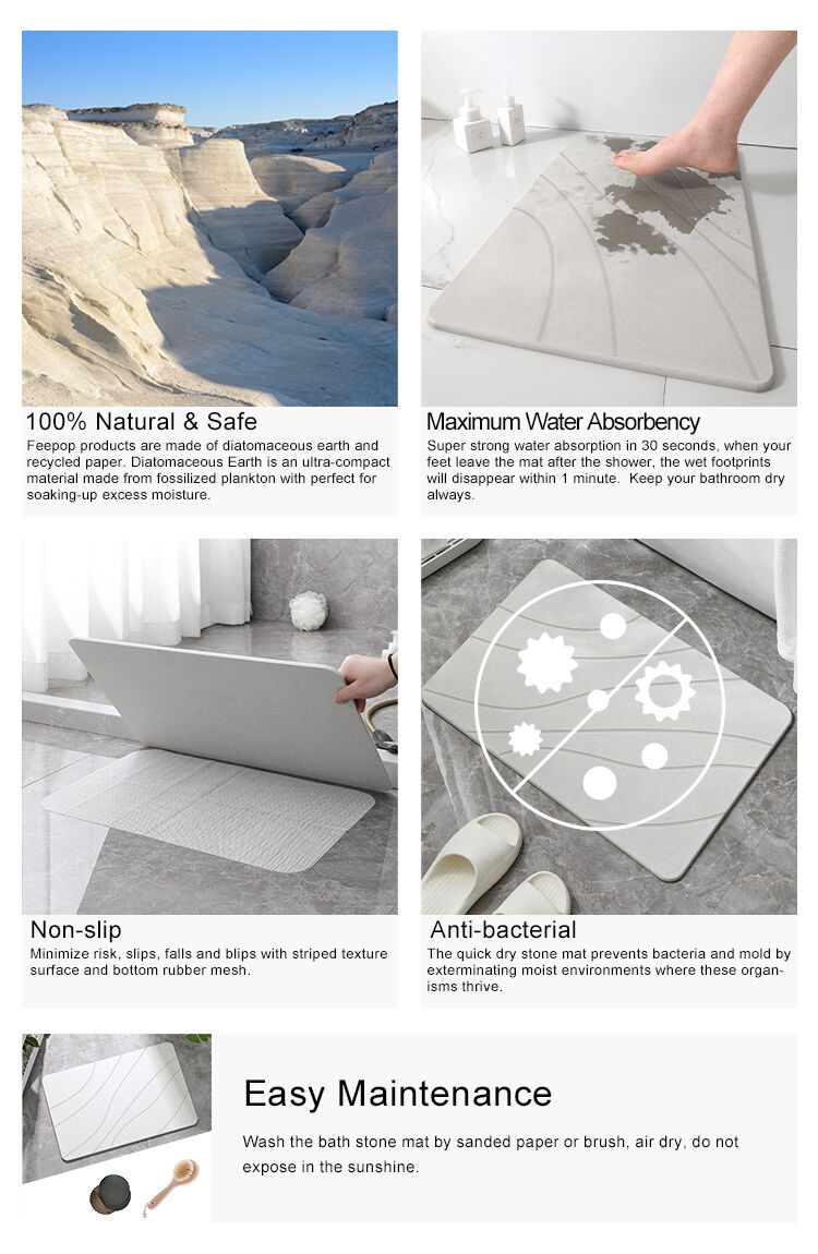 Hard Diatomite Bath Mat Super Dry Anti-Slip - Off White & Wave Line Design