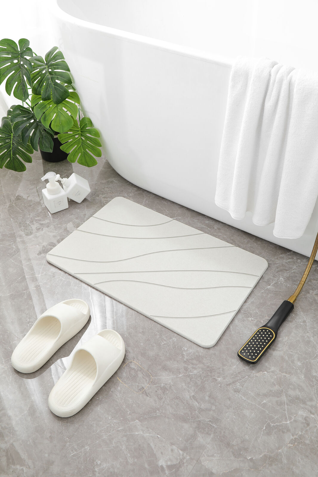 Hard Diatomite Bath Mat Super Dry Anti-Slip - Off White & Wave Line Design