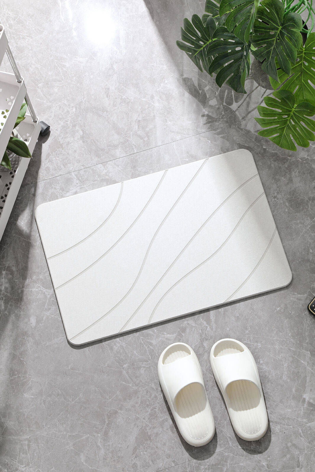 Hard Diatomite Bath Mat Super Dry Anti-Slip - Off White & Wave Line Design