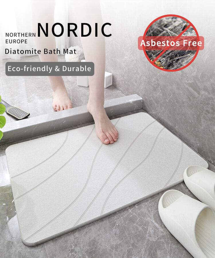 Hard Diatomite Bath Mat Super Dry Anti-Slip - Off White & Wave Line Design