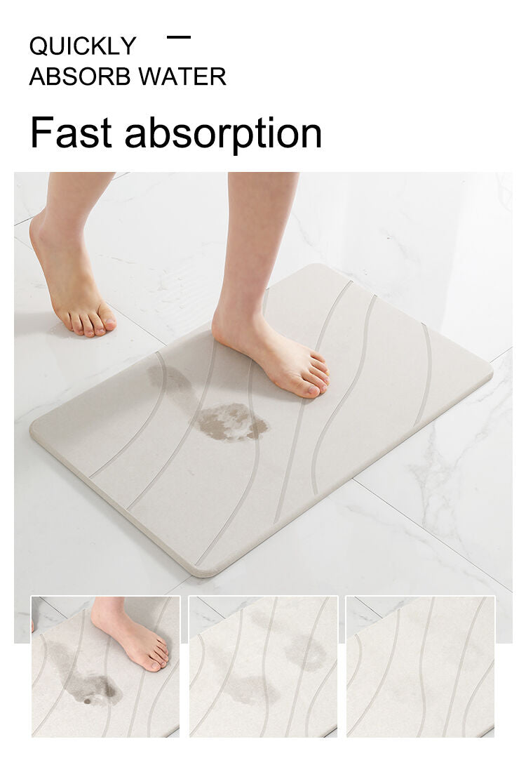 Hard Diatomite Bath Mat Super Dry Anti-Slip - Off White & Wave Line Design