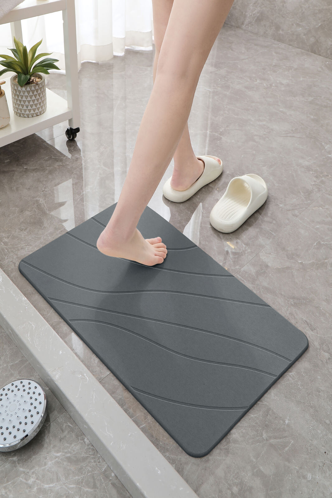 Hard Diatomite Bath Mat Super Dry Anti-Slip - Dark Grey & Wave Line Design