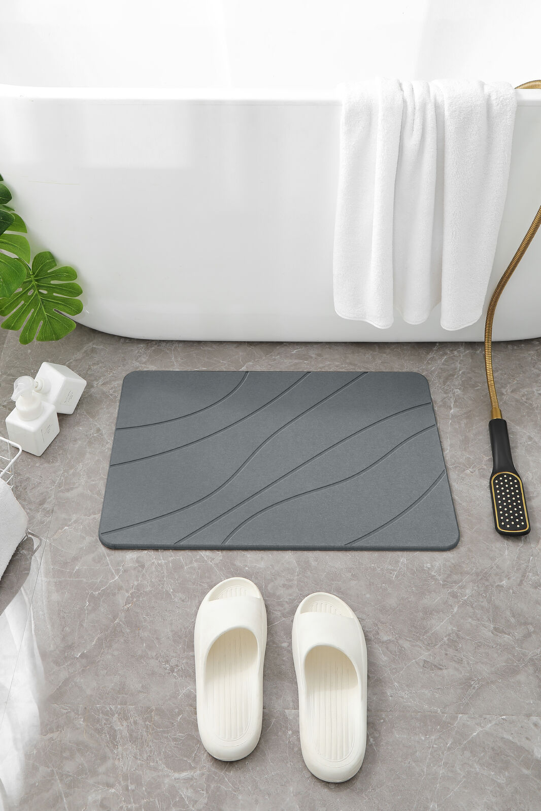 Hard Diatomite Bath Mat Super Dry Anti-Slip - Dark Grey & Wave Line Design