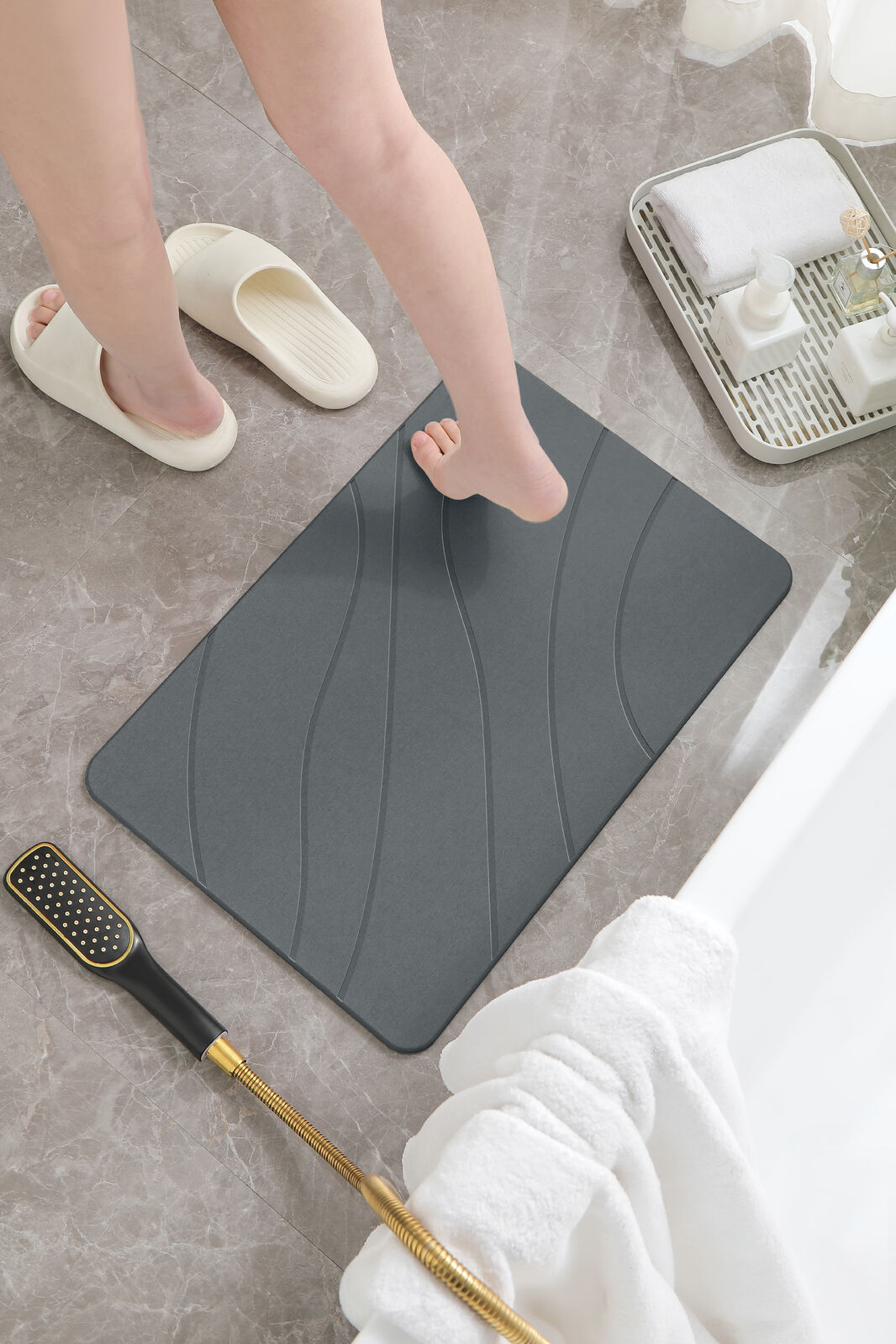 Hard Diatomite Bath Mat Super Dry Anti-Slip - Dark Grey & Wave Line Design