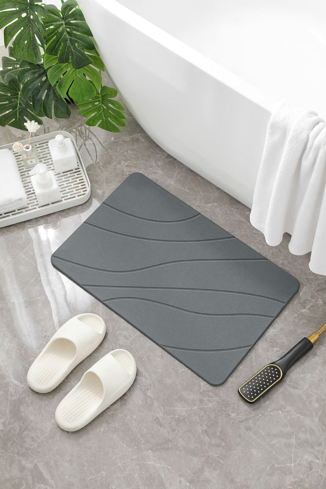 Hard Diatomite Bath Mat Super Dry Anti-Slip - Dark Grey & Wave Line Design