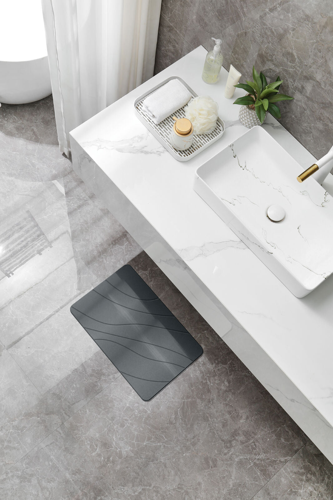 Hard Diatomite Bath Mat Super Dry Anti-Slip - Dark Grey & Wave Line Design