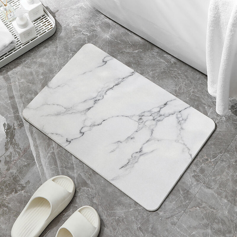 Hard Diatomite Stone Bath/Shower Mat - Quick Dry & Anti-Slip - Off White Marble Print (60x39cm)
