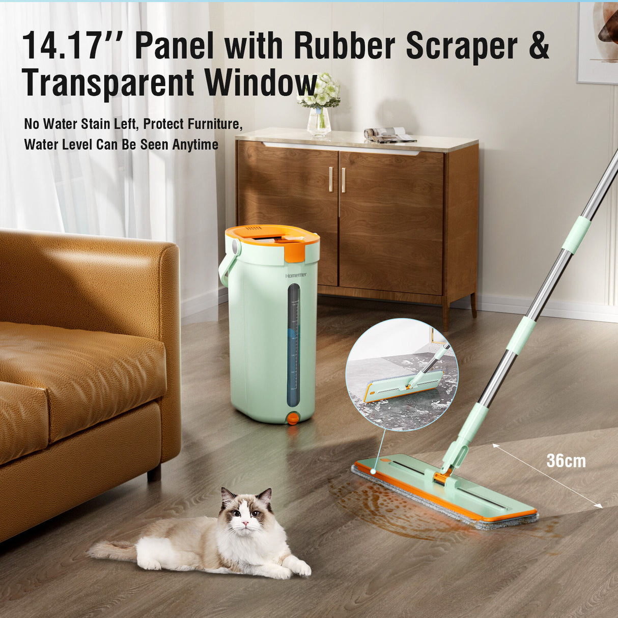 Premium Microfiber Flat Mop Bucket Set w/ Clean & Dirty Water Separation 360 Degree - Light Green