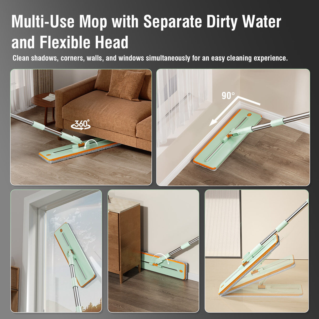 Premium Microfiber Flat Mop Bucket Set w/ Clean & Dirty Water Separation 360 Degree - Light Green