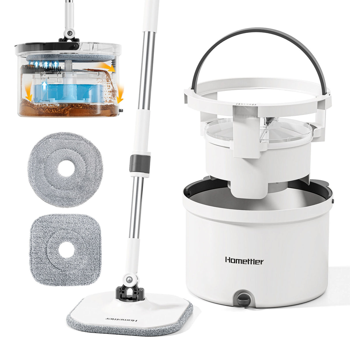 Premium Microfiber Round Mop Bucket Set w/ Clean & Dirty Water Separation 360 Degree - White