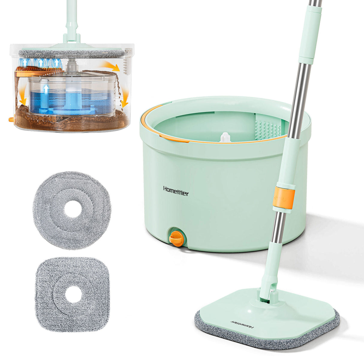 Premium Microfiber Round Mop Bucket Set w/ Clean & Dirty Water Separation 360 Degree - Light Green