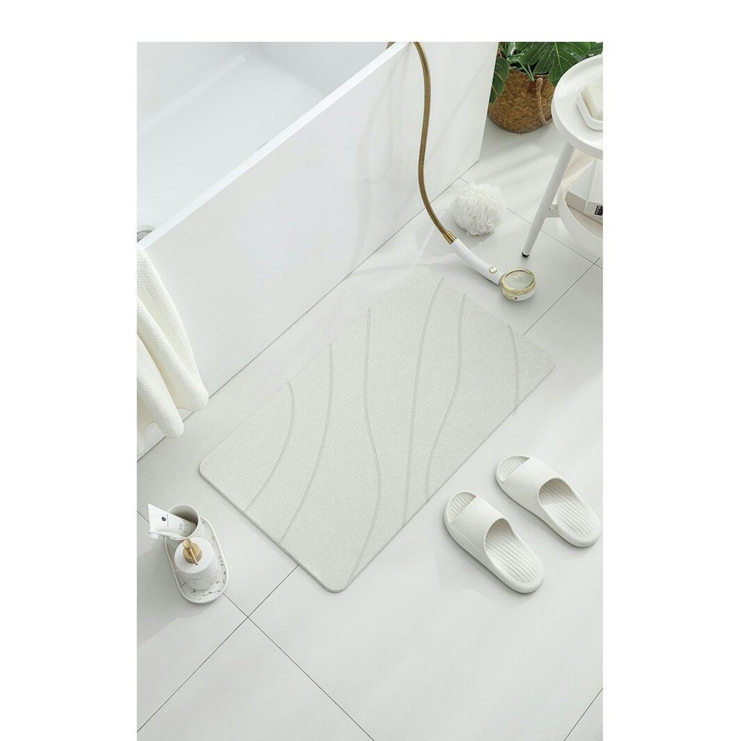 Hard Diatomite Large Bath Mat Quick Dry Anti-Slip - Off White & Wave Line Design