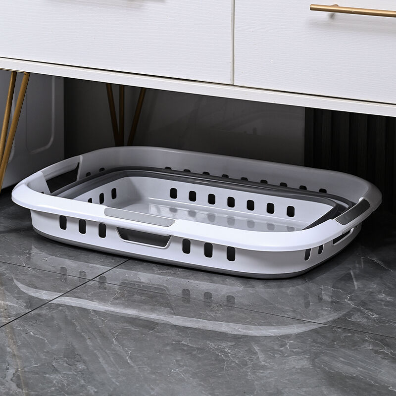 3 Handle 45L Large Foldable Laundry Basket Washing Hamper w/ Air-holes - Grey/White