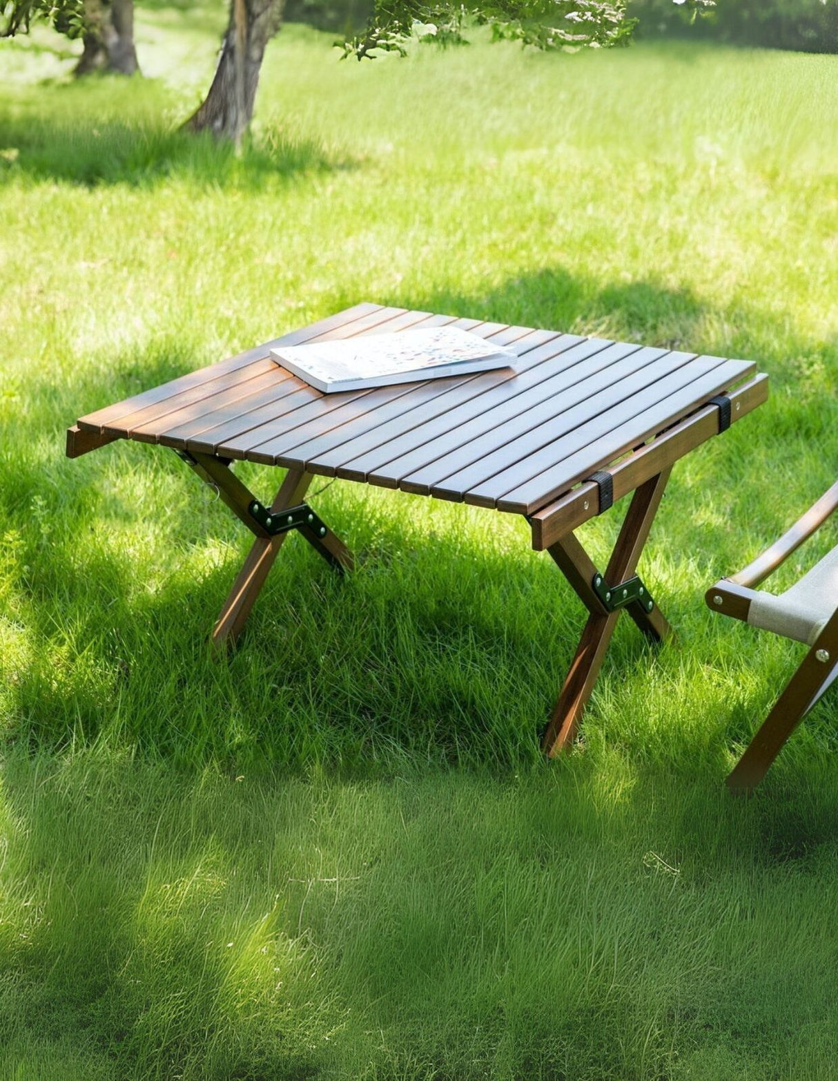 Wooden Foldable Camping Table 62cm + Jacaru Picnic Blanket 100% Cotton Regular