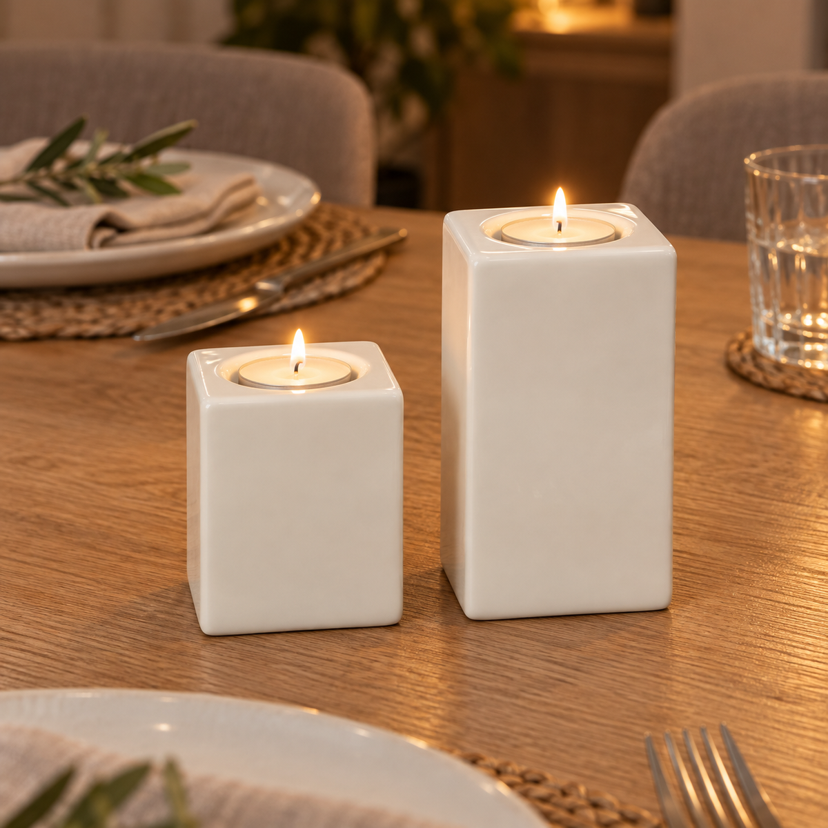 BR Home Set of 2 Tealight Candle Holder Columns (8cm & 12cm Heights) - Ceramic