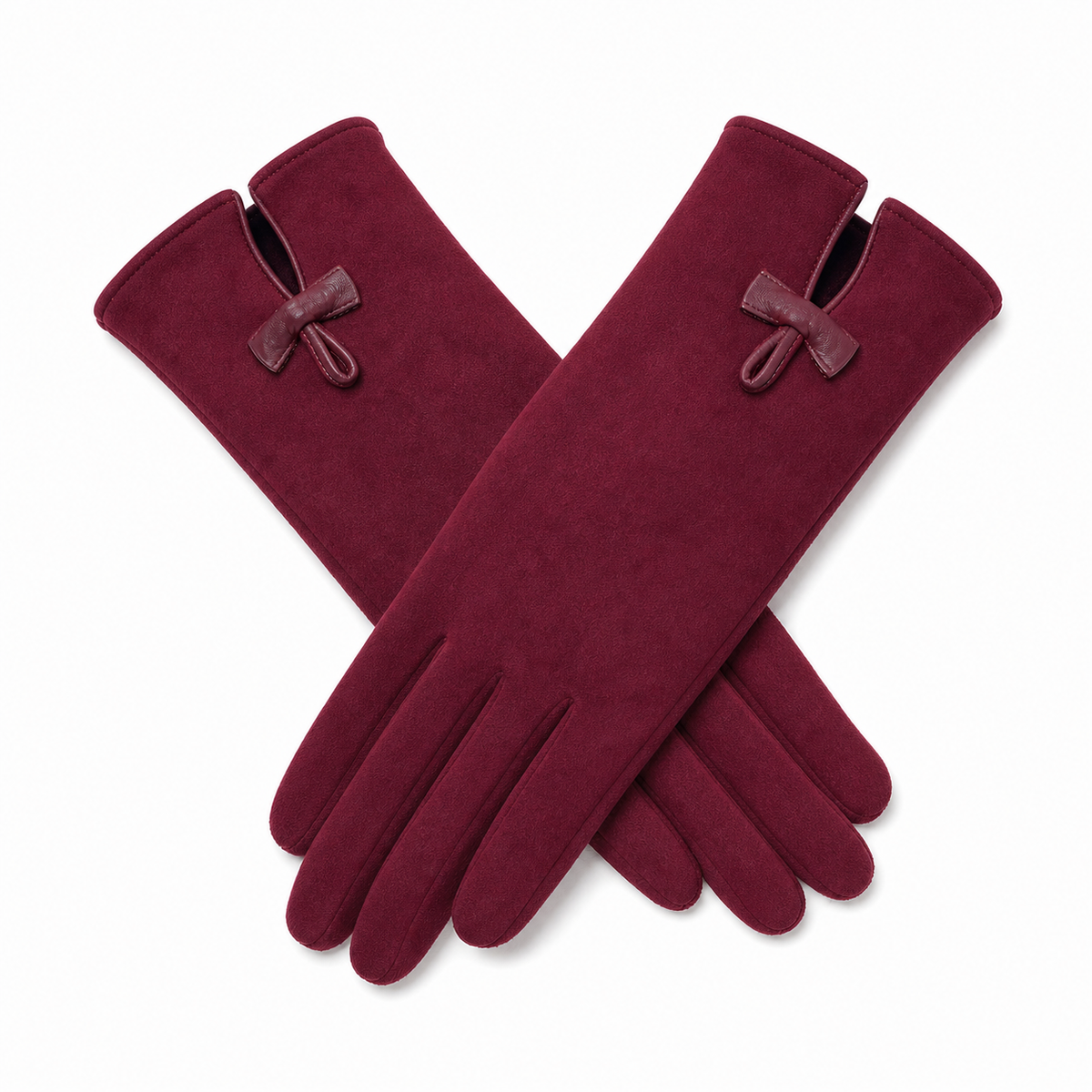 Dents Womens Plain Wool Gloves with Contrast Piping & Bow - Berry/Berry