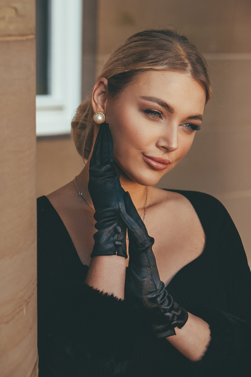 Dents Womens Satin Wrist Length Gloves with Button Trim - Black