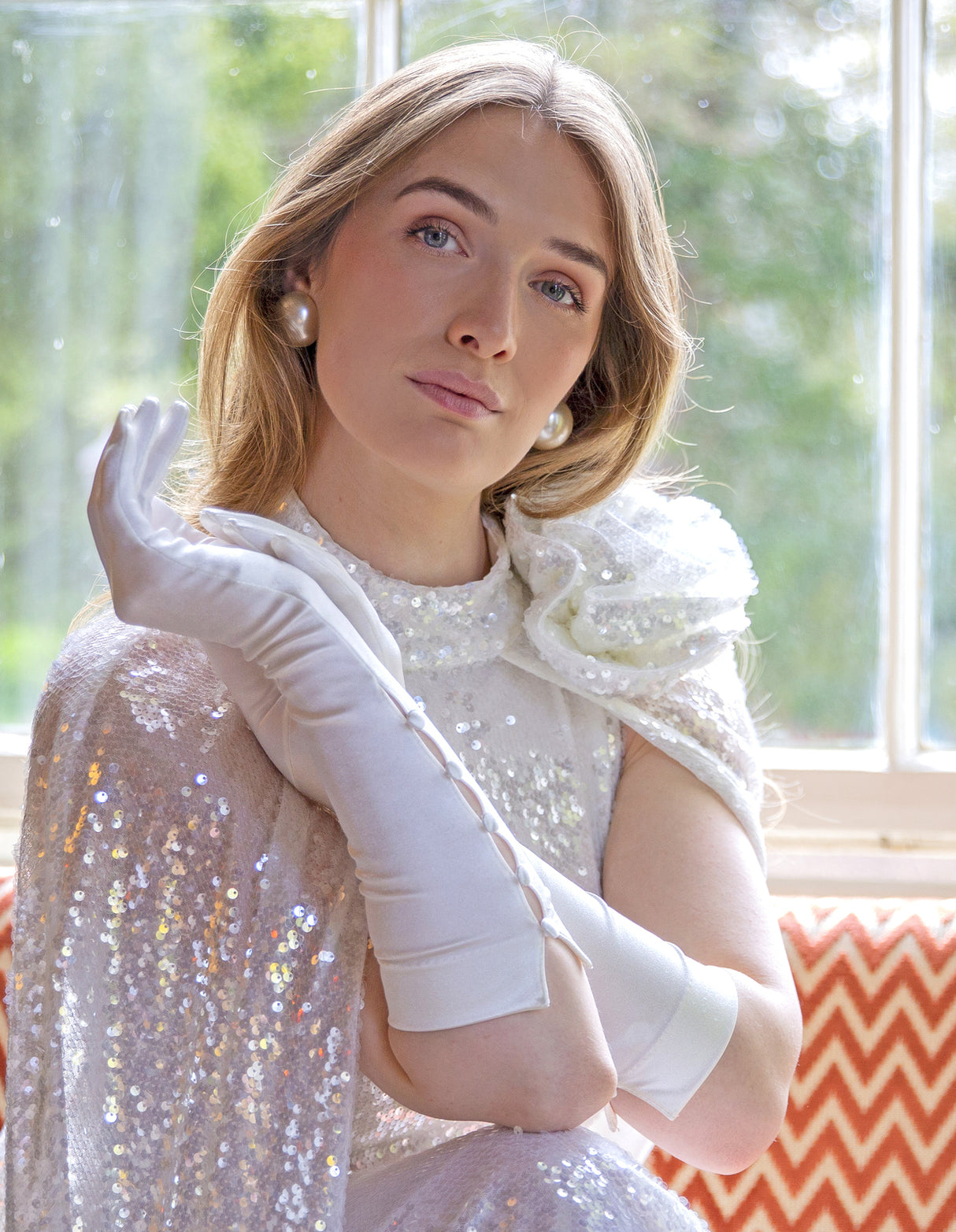 Dents Womens Satin Elbow Length Gloves with Button Trim - White