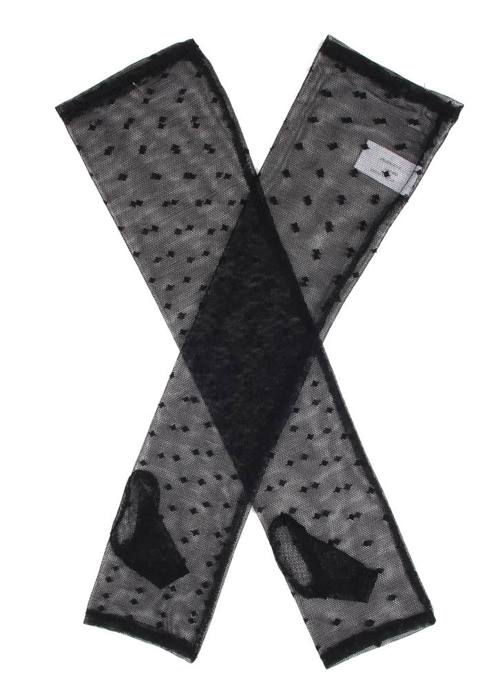 Dents Womens Long Tulle Flock Dot Fingerless Mittens - Black