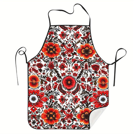 Ukrainian Traditional Print Apron – Unisex Vintage Floral Design in Bold Red & Orange