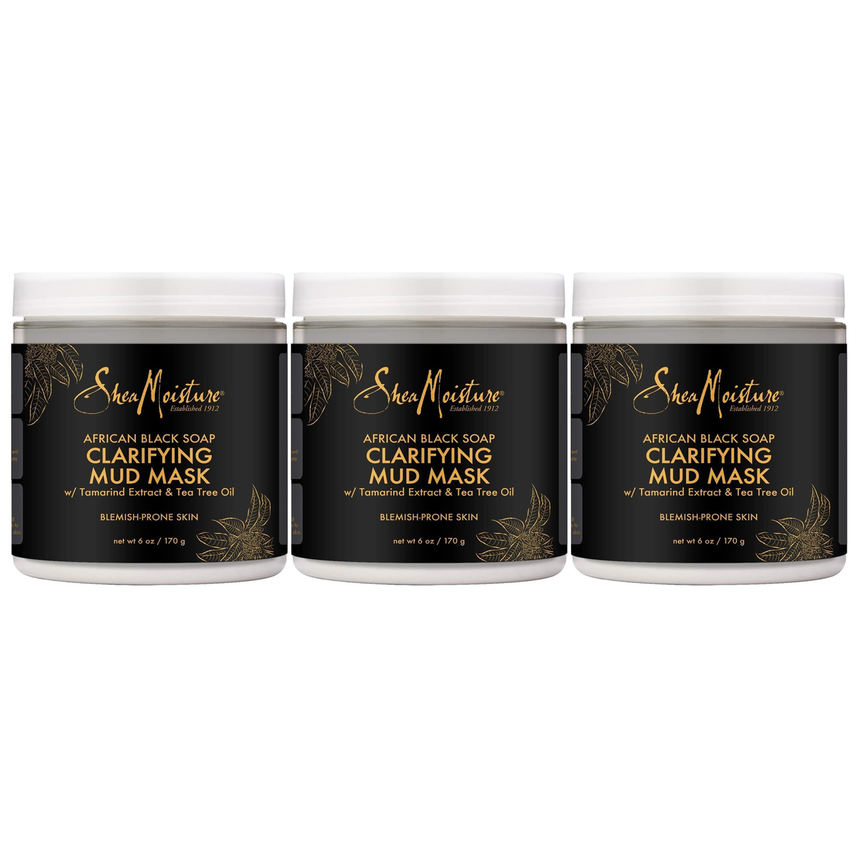 3x Shea Moisture 170g Clarifying Mud Mask Pack - African Black Soap with Tamarind & Tea Tree Oil