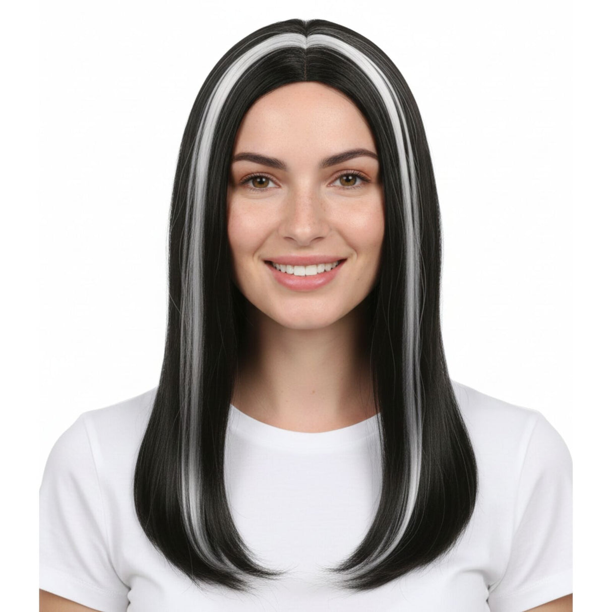 Womens Black/White Vampire Wig - Long Straight Halloween Costume