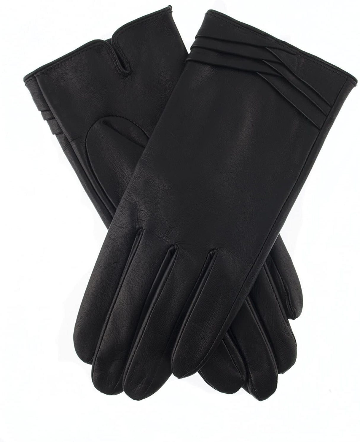 Dents Womens Leather Gloves with Pleat Detail & Fine Fleece Lining - Black - Large