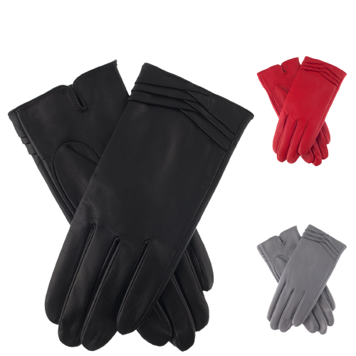 Dents Womens Leather Gloves With Pleat Detail And Fine Fleece Lining - Berry