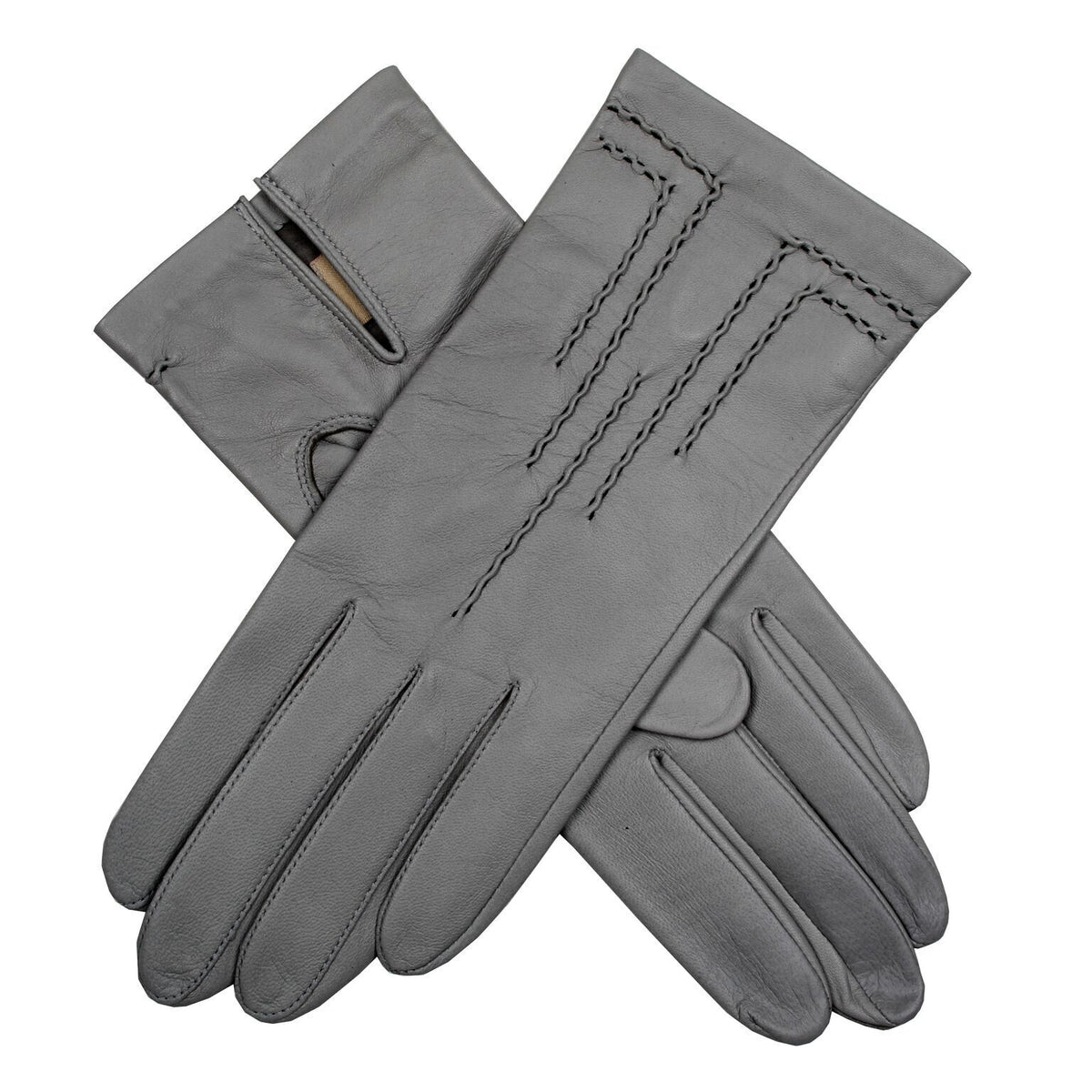 Dents Womens Leather Gloves with Button Detail & Elastic Palm - Grey (Silk Feel Lining)